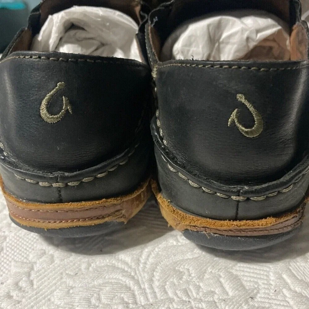 OluKai Moloa Mens Black Leather Slip On Loafers Moccasin Shoes‎ Drop In Heel 8.5